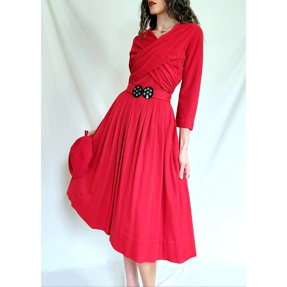Vintage 1940s Red Wool Dress, Matching Hat, Rhinestone Belt, Women's Small